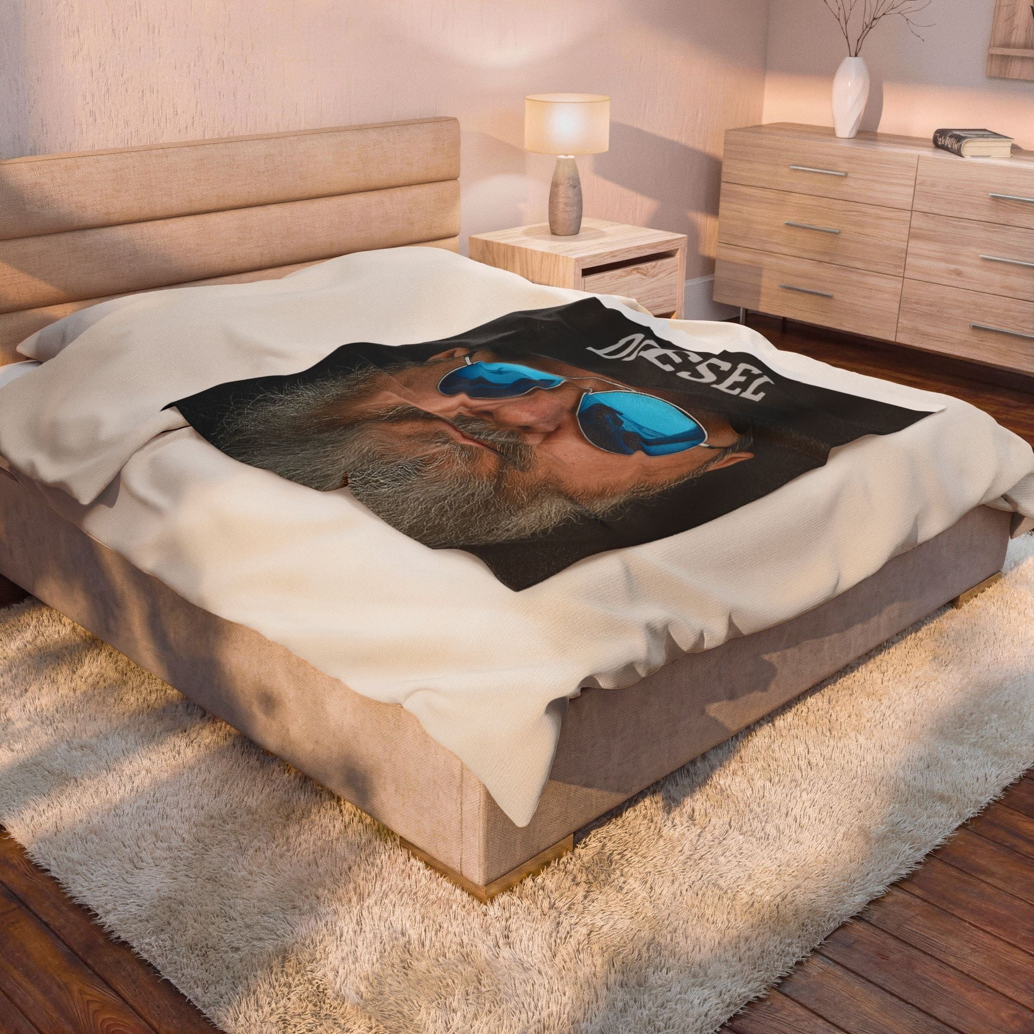 Diesel Cap Beard Guy Velveteen Plush Blanket — Cool Aviator Sunglasses Portrait Throw