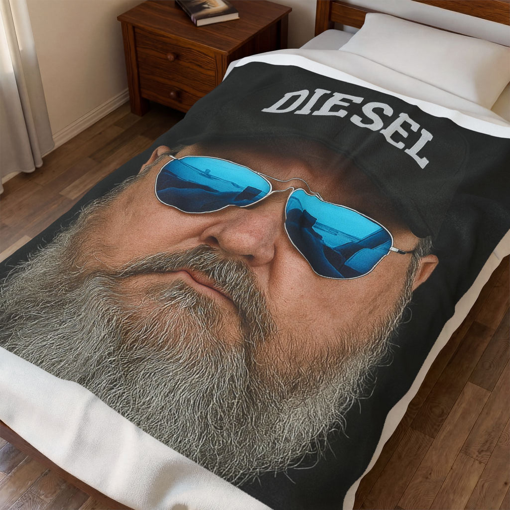Diesel Cap Beard Guy Velveteen Plush Blanket — Cool Aviator Sunglasses Portrait Throw