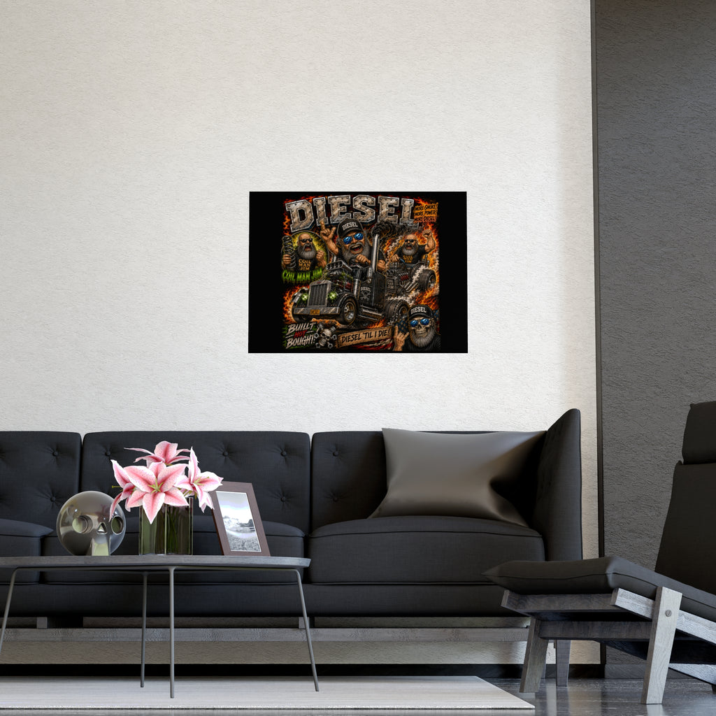Diesel Till I Die Matte Poster — Trucker Skull Diesel Engine Art