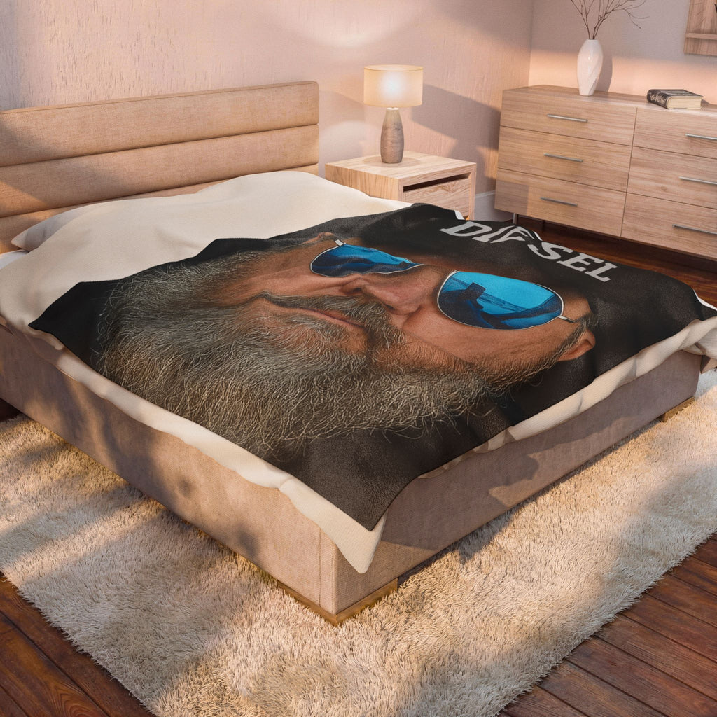 Diesel Cap Beard Guy Velveteen Plush Blanket — Cool Aviator Sunglasses Portrait Throw