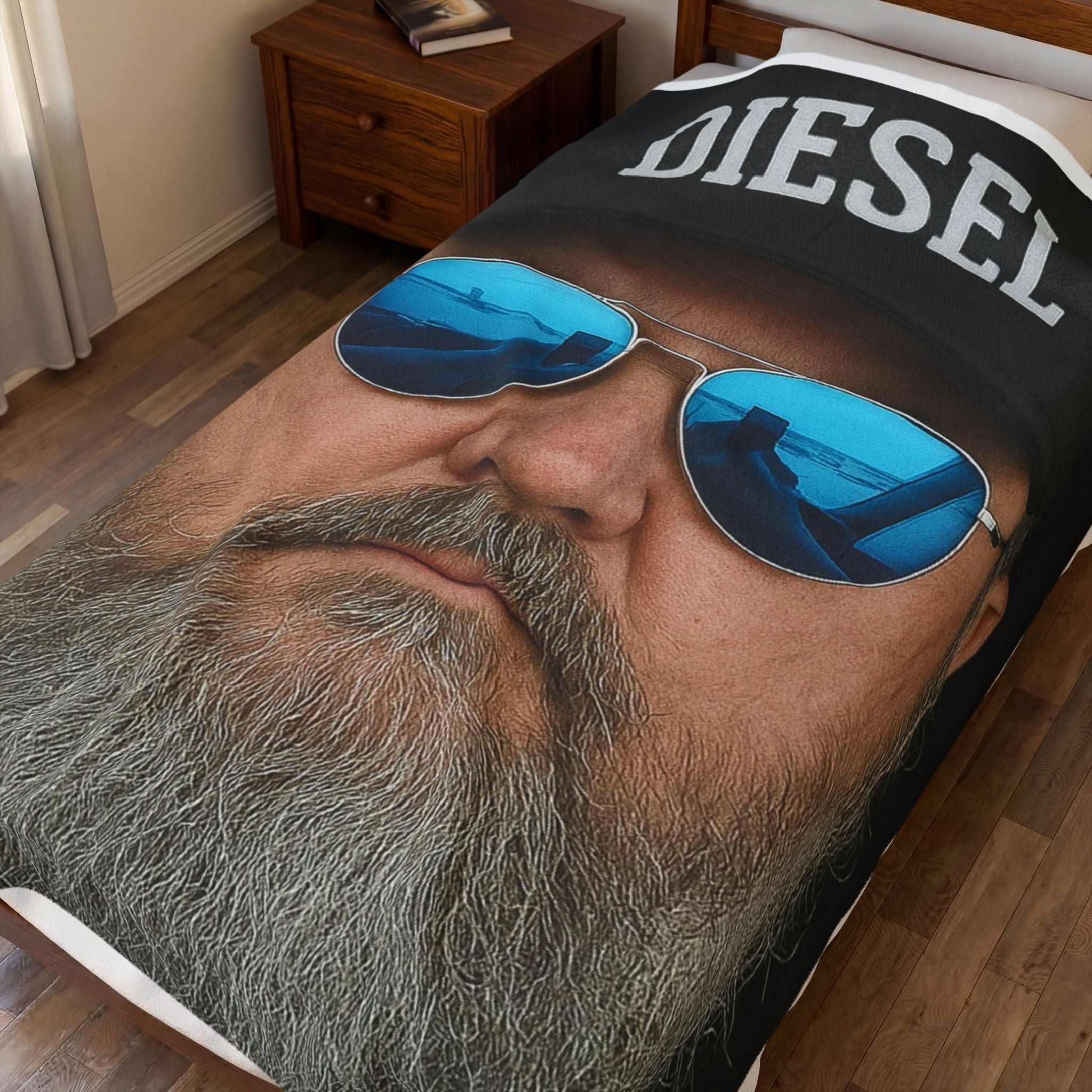 Diesel Cap Beard Guy Velveteen Plush Blanket — Cool Aviator Sunglasses Portrait Throw