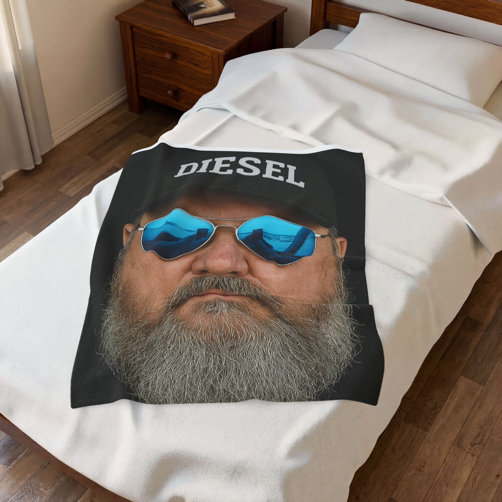 Diesel Cap Beard Guy Velveteen Plush Blanket — Cool Aviator Sunglasses Portrait Throw
