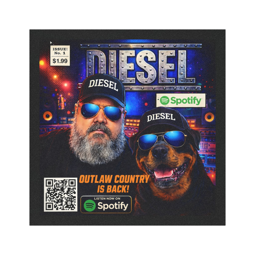 Diesel Outlaw Country Car Magnet — 'Diesel' Logo with Man & Dog Design (Spotify QR)