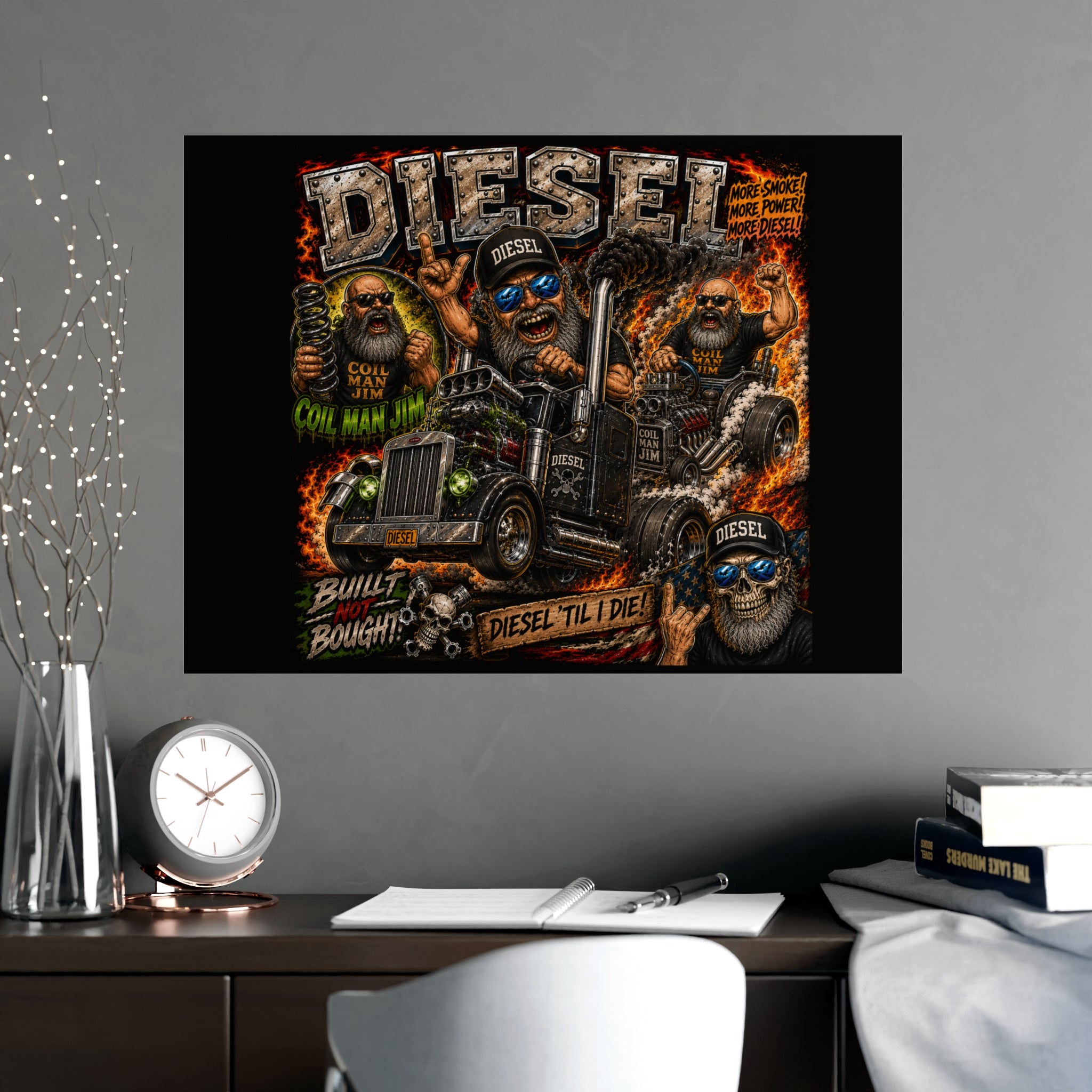 Diesel Till I Die Matte Poster — Trucker Skull Diesel Engine Art