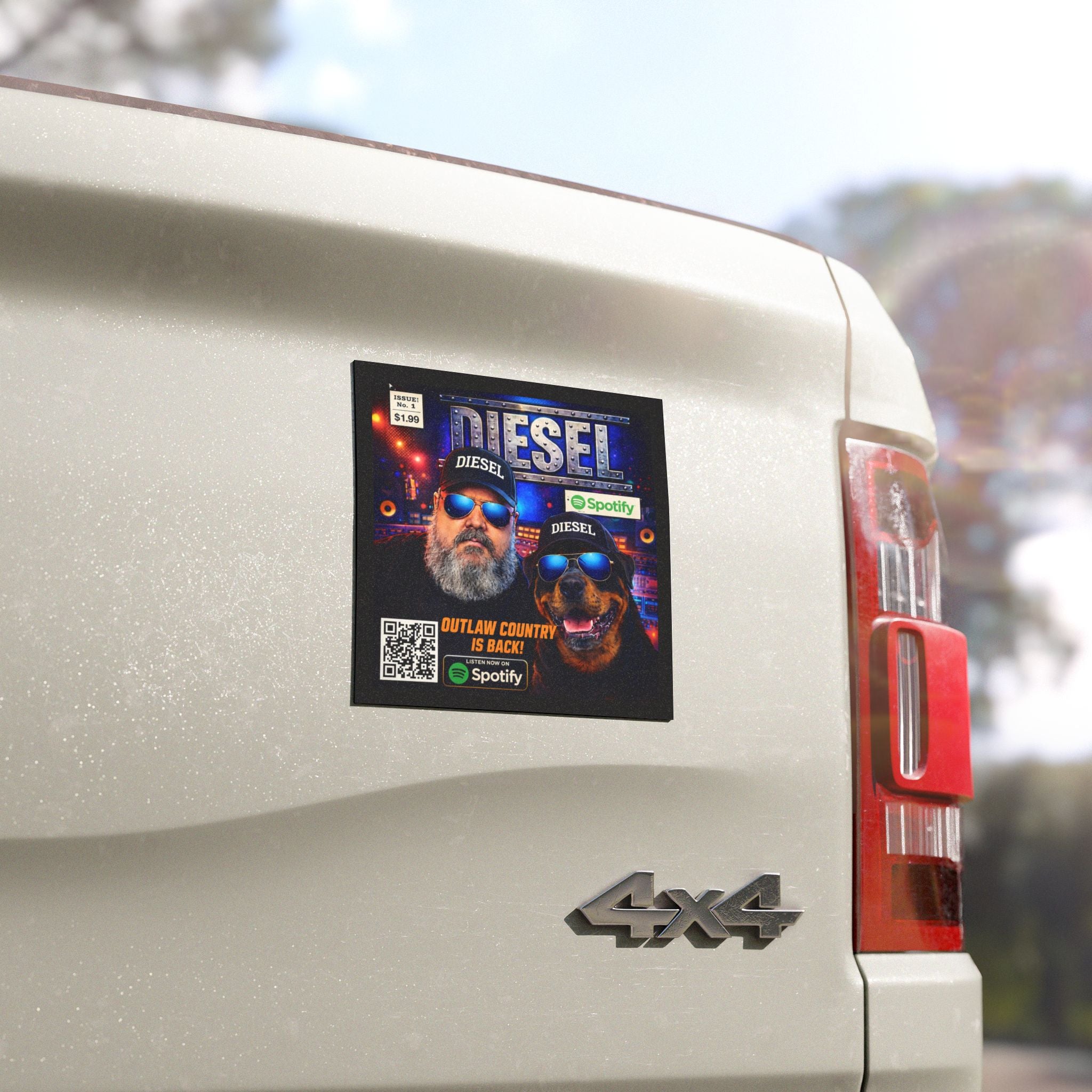Diesel Outlaw Country Car Magnet — 'Diesel' Logo with Man & Dog Design (Spotify QR)