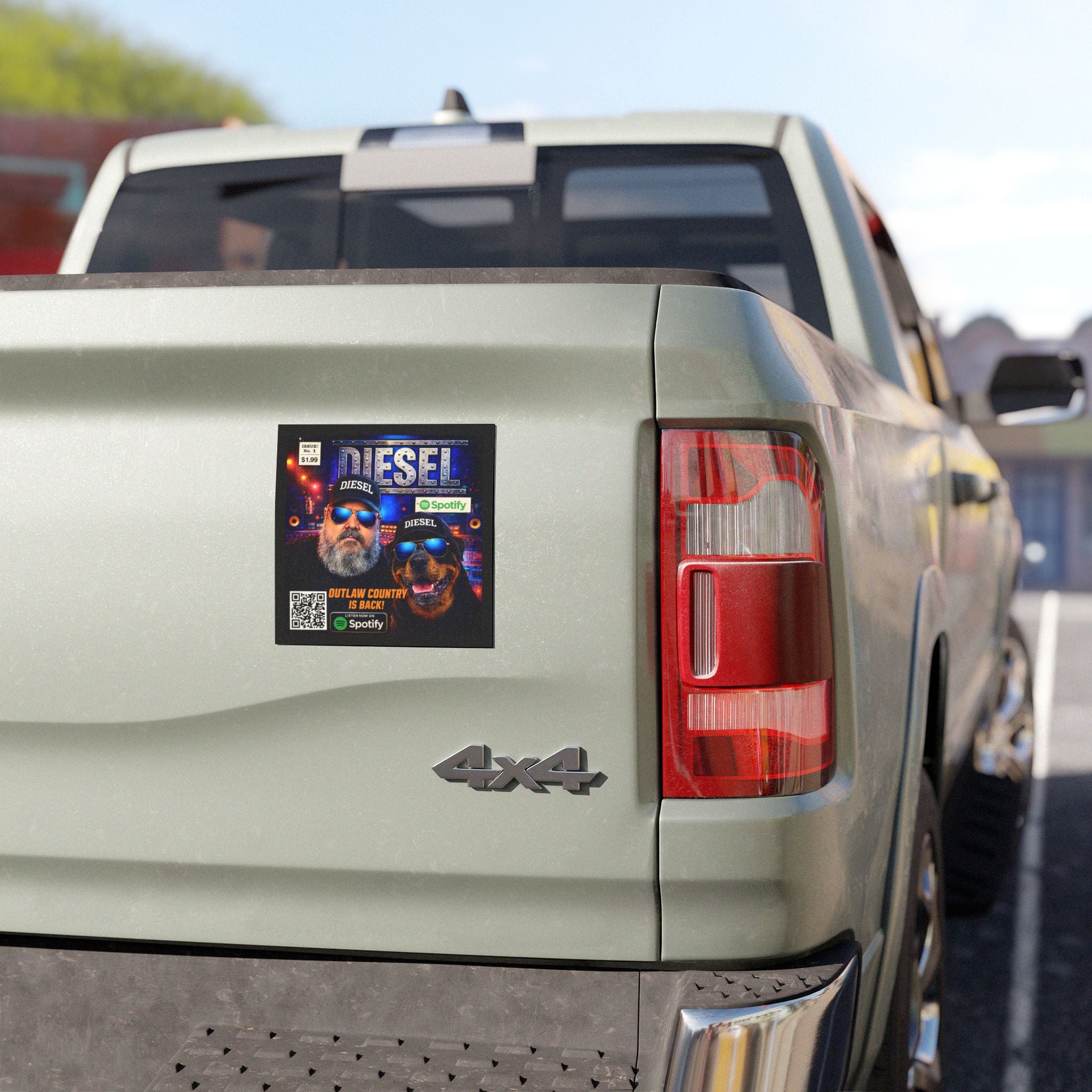 Diesel Outlaw Country Car Magnet — 'Diesel' Logo with Man & Dog Design (Spotify QR)